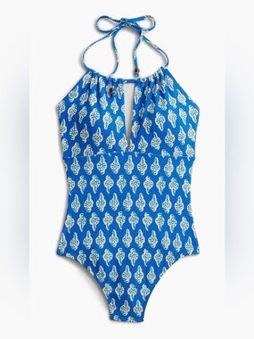 J Crew Blue Printed halter one-piece swimsuit Vacation Resort size XL NWT